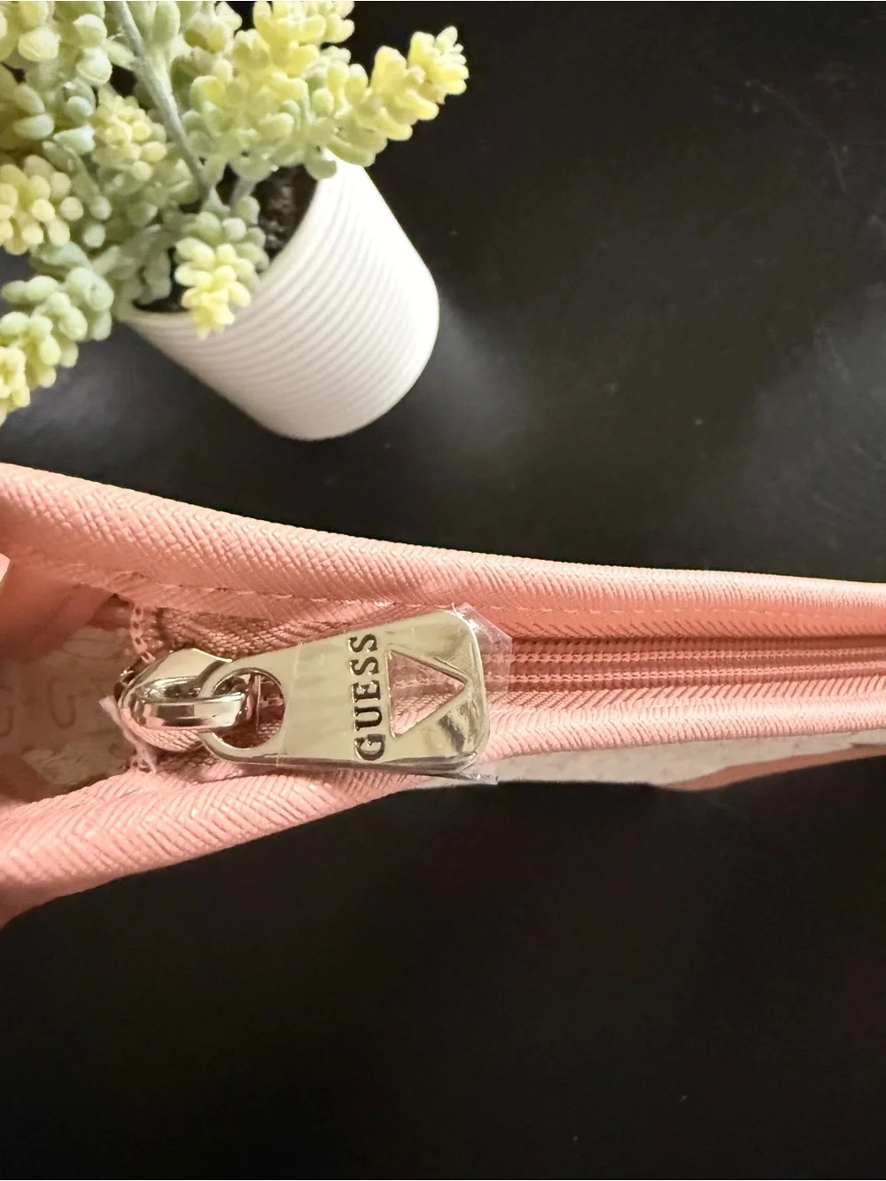 GUESS Cream Logo Wristlet with Pink Trim